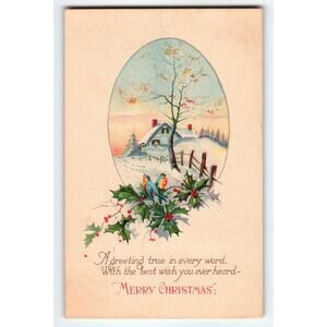 Vintage Christmas Postcard Winter Cottage & Robins with Holly Berries